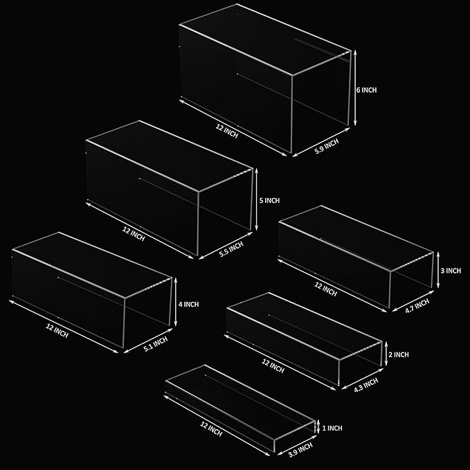 Rectangular Acrylic Display Risers 6pcs, Clear Display Storage Stands, Acrylic Display for Funko Pop Figure, Desserts, Cupcake, Toys, Collectibles, Merchandises- 12-1'', 2'', 3'', 4'', 5'', 6''
