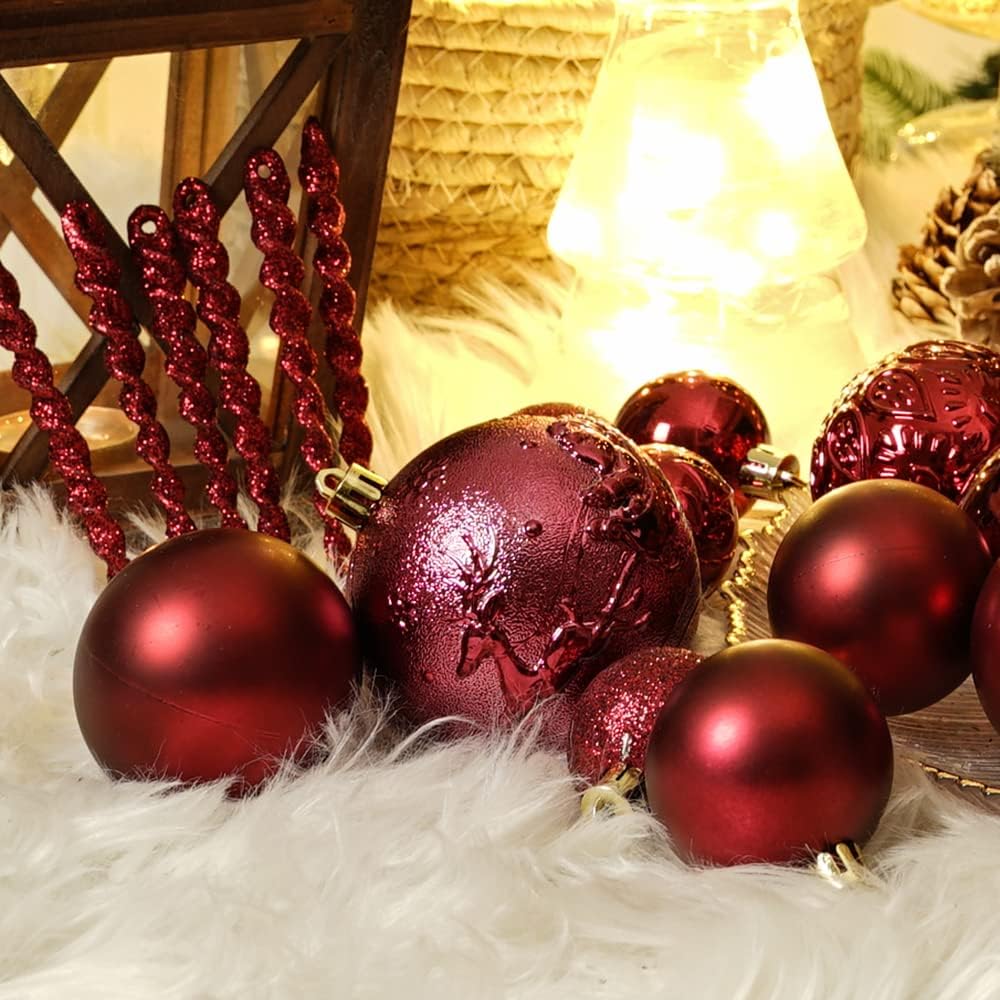 Christmas Ball Ornaments for Christmas Decorations - 41 Pieces Xmas Tree Shatterproof Ornaments with Hanging Loop for Holiday and Party Decoration (Wine Red)