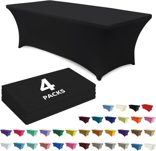 ABCCANOPY 4 Pack 6 FT Black Spandex Table Cover Stretch Fitted Wrinkle Resistant Tablecloth Reuse for Rectangular Folding Table Patry Event Wedding Banquet Protector