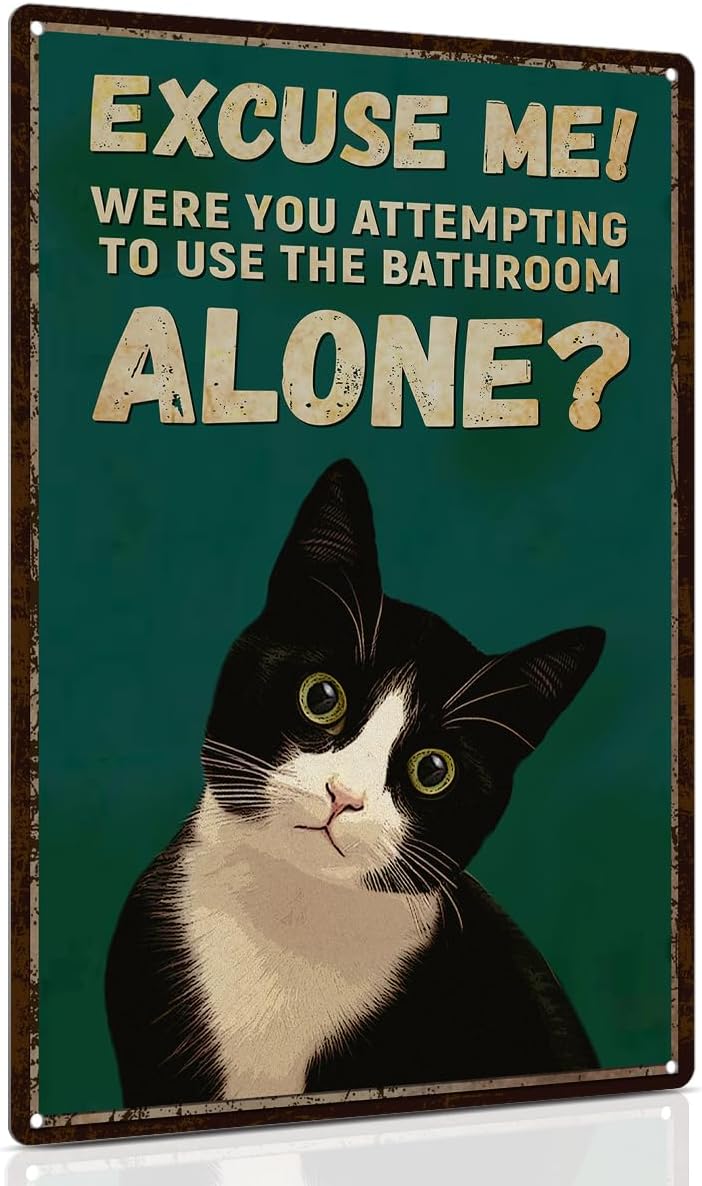 ALKB Funny Tuxedo Cat Metal Signs Black Cat Metal Poster Tuxedo Cat Lover Gift Vintage Bathroom Wall Decor 8 x 12 Inch