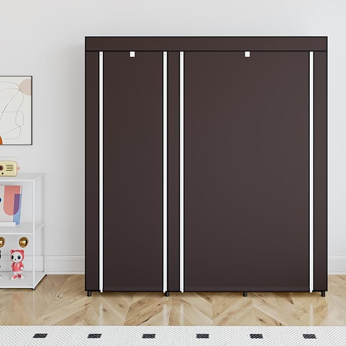 SORCEDAS Portable Wardrobe Closet Storage Organizer Metal Hanging Rack Non-Woven Fabric (Coffee, 51 Inch)