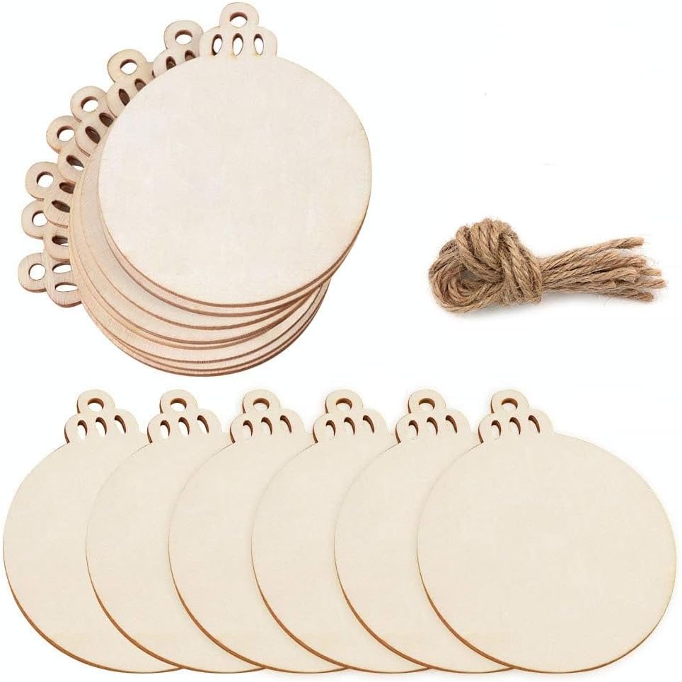 PartyTalk 30pcs Round Wooden Discs with Holes, 3" Unfinished Predrilled Natural Wood Slices for Crafts Centerpieces, Wooden DIY Christmas Ornaments Hanging Decorations