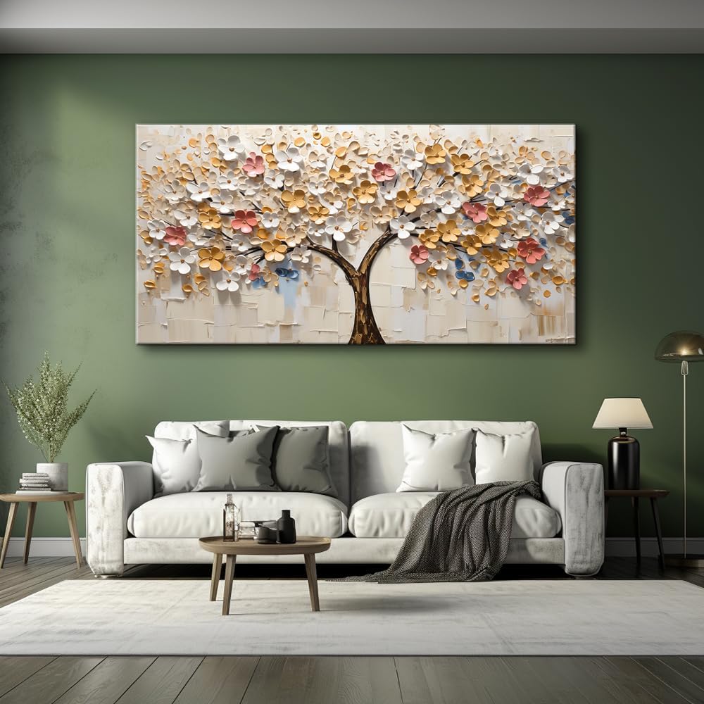 LASMOND White Spring Large Tree of Life Wall Art Office Decor Living Room Modern Painting Prints Pictures Abstract Floral Flower Nature Canvas Large Landscape Artwork (23x46 Inches)
