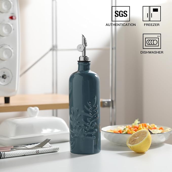 Sweejar 18 Oz Oil Dispenser for Kitchen with Gravity Spout, Ceramic Olive Oil Dispenser Bottle, Relief Opaque Vinegar Container for Evoo, Vinegar, Soy Sauce, Pack of 1(Fogblue, Silver Spout)