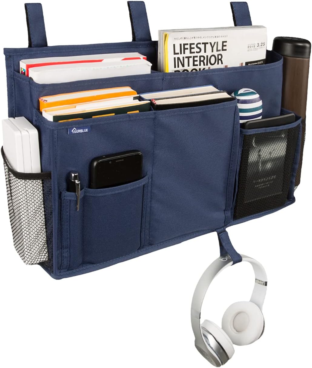 Surblue Caddy Hanging Organizer Bedside Storage Bag for Bunk and Hospital Beds, Blue, L