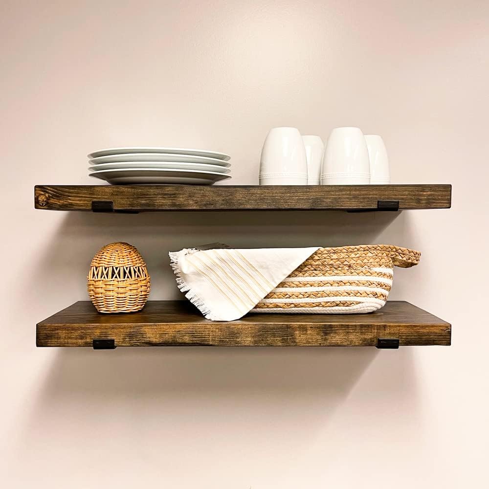 Rustic Shelves with J-Brackets Set of 2, Industrial Shelf, Kitchen Shelves, Solid Wood, Decorative Wall Storage, Heavy Duty, URBANDI (Dark Brown, 12Wx6D)