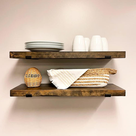 Rustic Shelves with J-Brackets Set of 2, Industrial Shelf, Kitchen Shelves, Solid Wood, Decorative Wall Storage, Heavy Duty, URBANDI (Dark Brown, 12Wx10D)