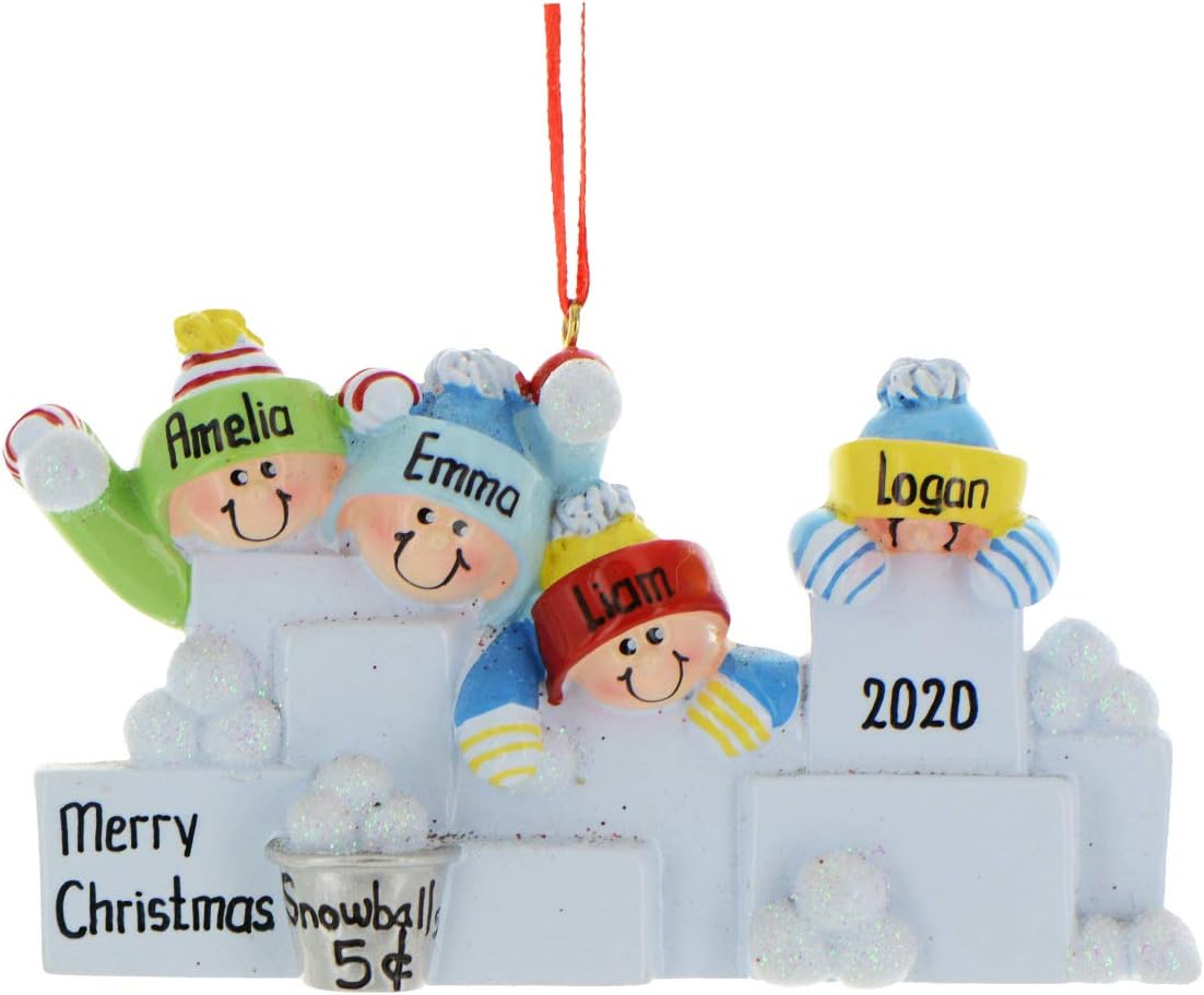 3D Snowball Fight Family of 4 Ornament 2025 Personalized Family Christmas Ornaments 2025 | Snowman Winter Holiday Personalized Tree Ornaments for Grandchildren, Siblings & Grandkids of Four Ornament