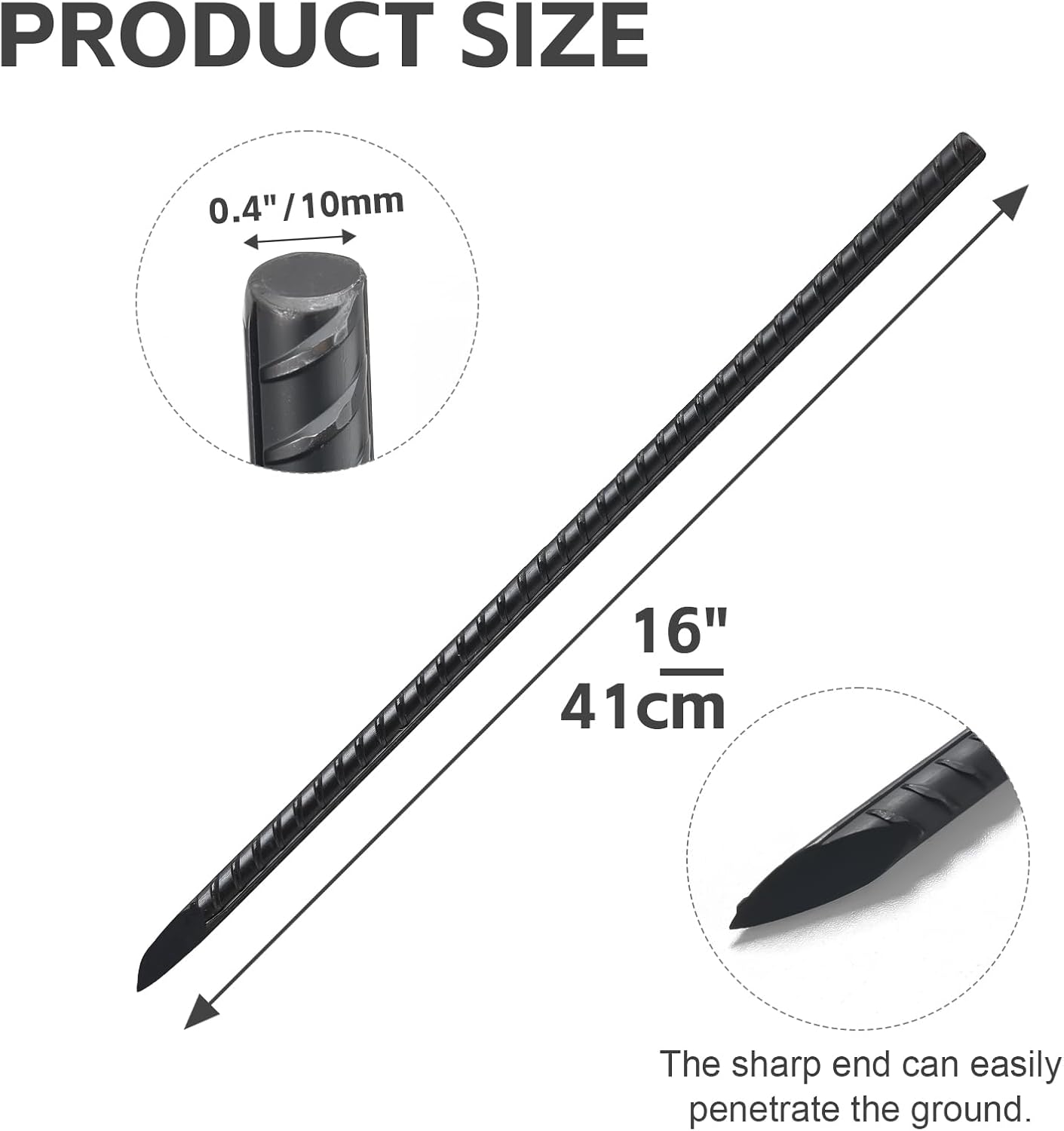 Rebar Stakes 16 Inch, 10 Pack Ground Stakes Heavy Duty with Chisel Point, Straight Metal Stakes for Concrete Form, Landscaping, Camping Tent or Timber, Black