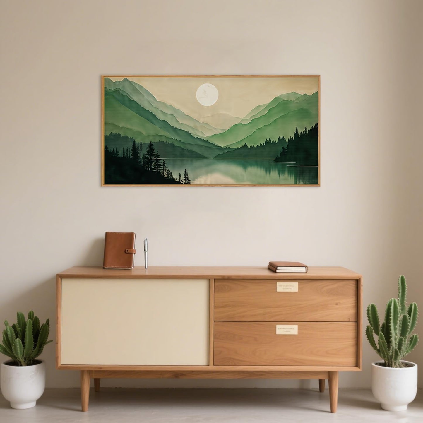 Celestdeco Watercolor Mountain Framed Canvas Wall Art Set, Boho Sun Forest Wall Decor, Green Scenery Wall Painting, Modern Woodland Artworks for Living Room, Bedroom, Dining Room, Office - 20" x40x1