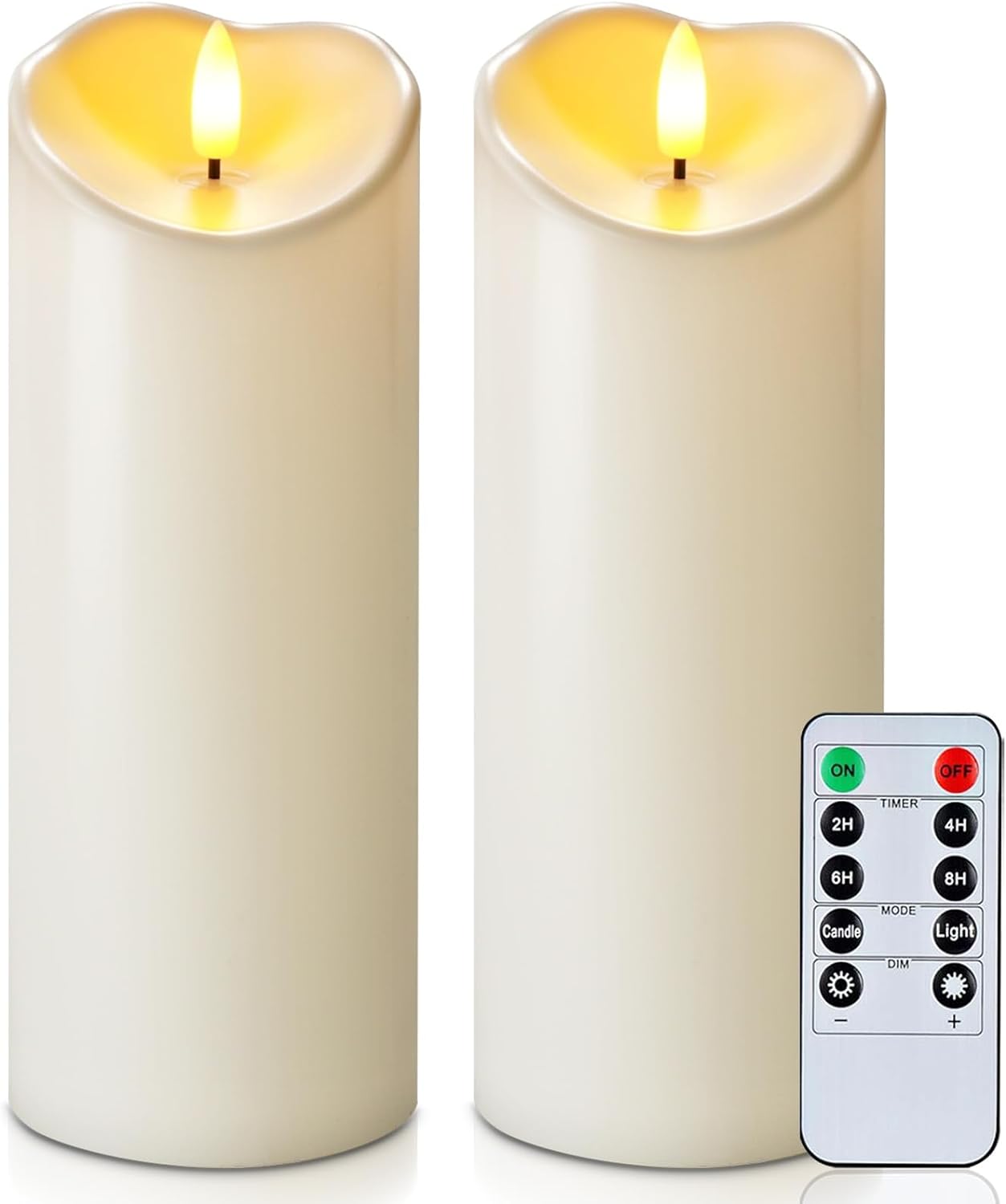 Homemory Outdoor Waterproof LED Candles, Battery Operated with Remote and Timers, Electric Fake Plastic Pillar Candles, Ivory White, Set of 2