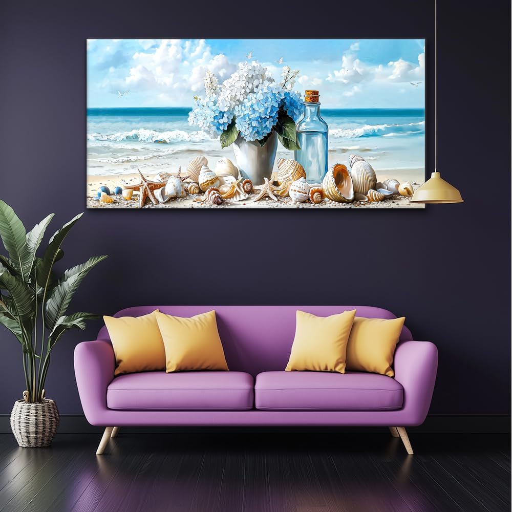 LASMOND Romantic Beach Wall Art for Living Room Blue Shells Conch Vase Canvas Prints Modern Large Flower Bottle Bedroom Ocean Artwork Decor (58x28 Inches)