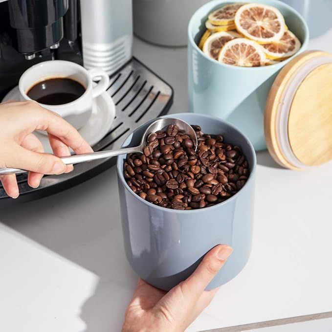 Sweejar Kitchen Canisters Ceramic Food Storage Jar Set, Stackable Containers with Airtight Seal Wooden Lid for Serving Ground Coffee, Tea, Herbs, Grains, Sugar, Salt - Set of 4(Gray)