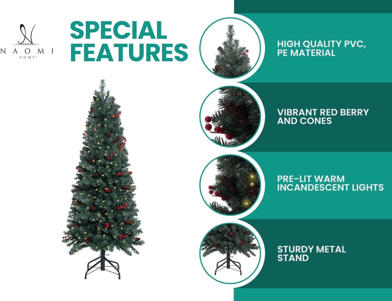 Naomi Home Belen 7.5ft Pencil Christmas Tree Prelit pre-Decorated with Pine Cones, Red Berries, 1099 Branch Tips, 350 Warm Lights and Metal Stand, 34" Wide Skinny Christmas Tree with Lights