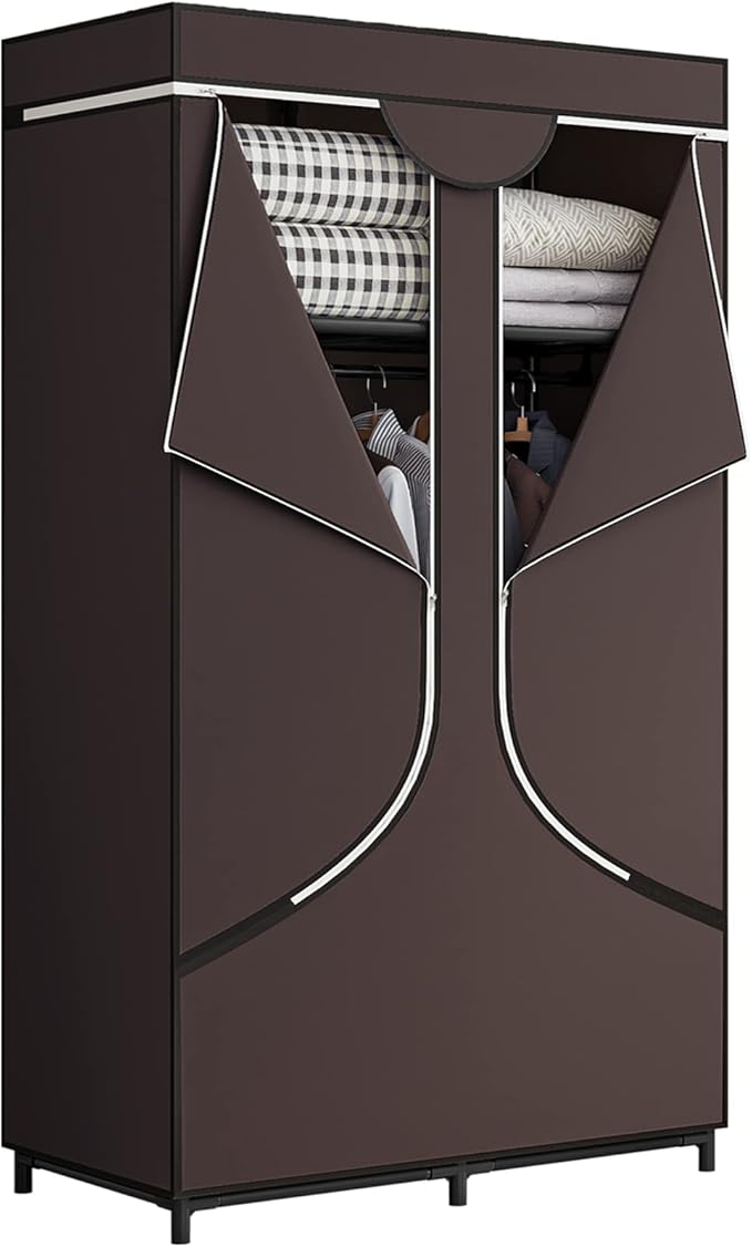 SORCEDAS Portable Wardrobe Closet Storage Organizer Metal Hanging Rack Non-Woven Fabric 34 Inch Coffee (34 Inch, Coffee)