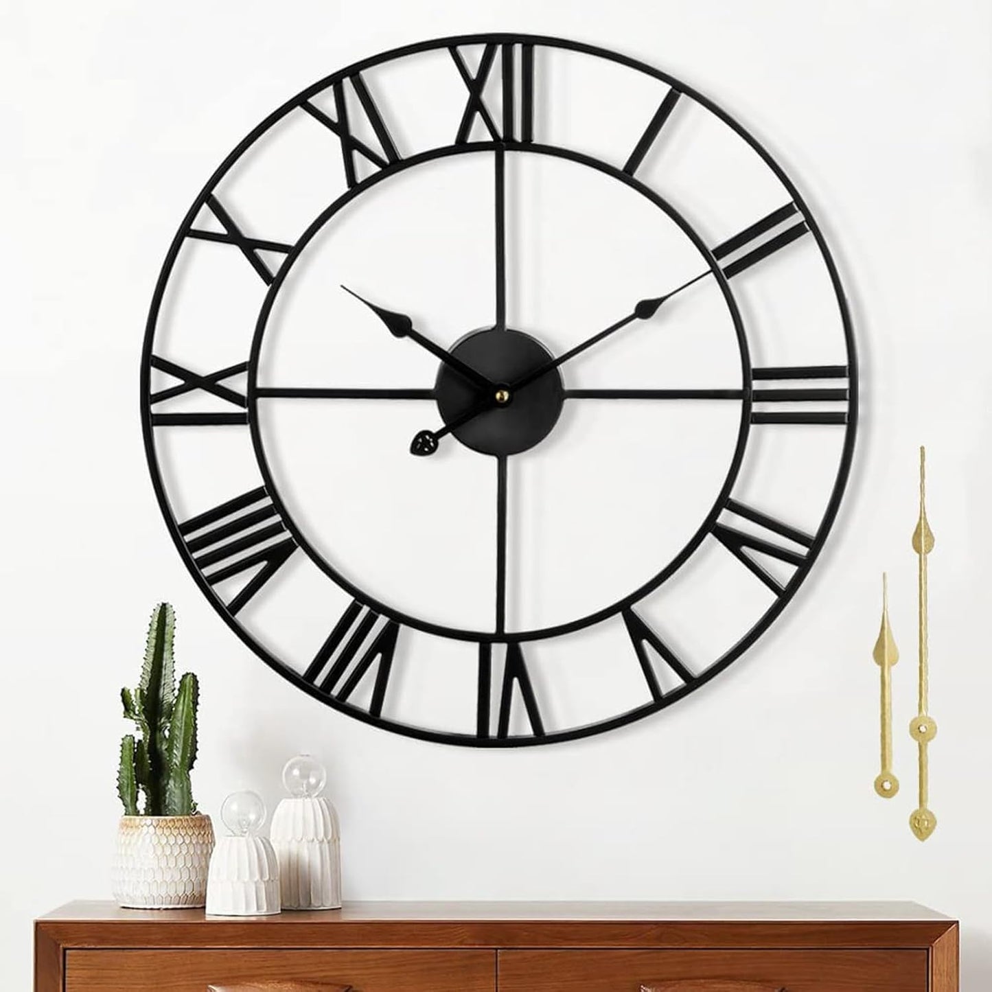1st owned Large Wall Clock Silent Non-Ticking Roman Numerals Vintage Battery Operated (24 inch,18inch,16inch) Farmhouse Wall Clock for Living Room, Bedroom, Kitchen, Cafe Decor-Black 47CM