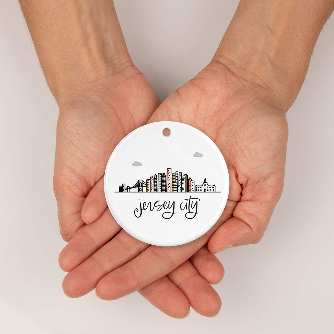 Andaz Press Round Ceramic Porcelain Christmas Tree Ornament Keepsake Gift, Jersey City, Colorful City Skyline Graphic, 1-Pack, Birthday Ideas Family Coworker Him Her, Includes Gift Box