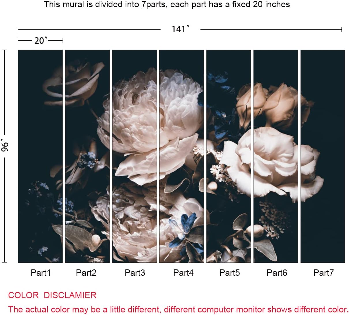 Dark Floral Wallpaper Peony Wall Mural Room Wall Decor(Not Peel n' Stick)