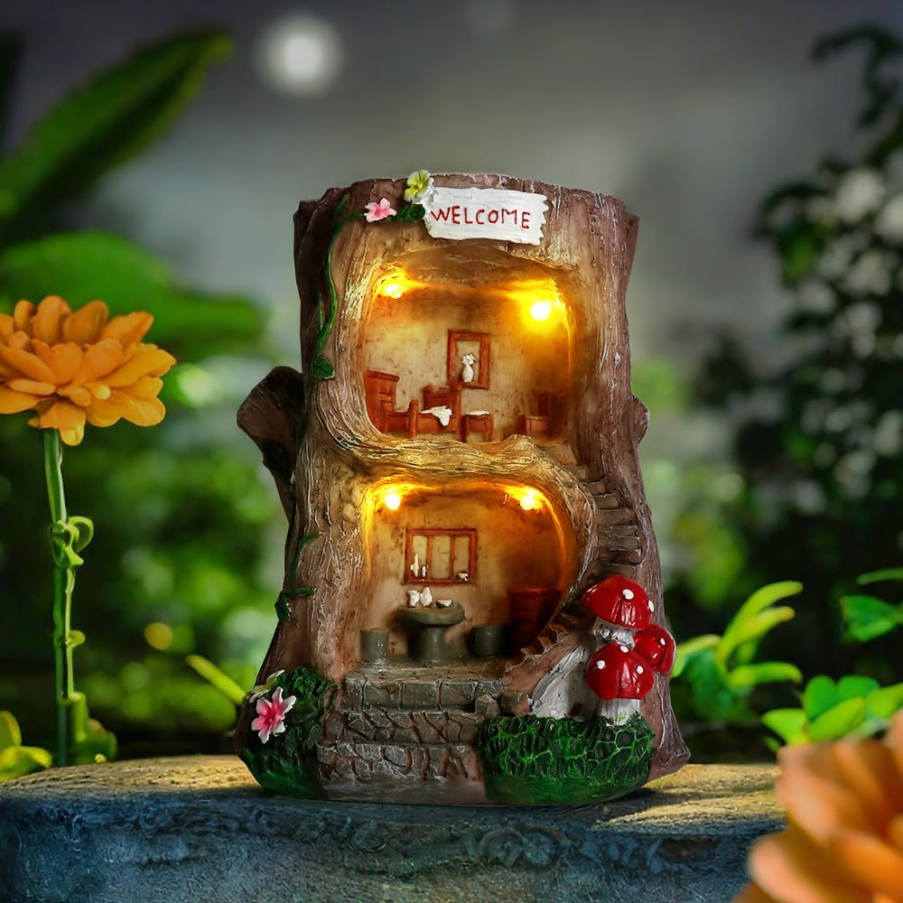 Solar Light Gnome Fairy Garden House for Outside, Big Size Fairy Miniature Buildings Accessories House Sculptures for Outdoor Garden Patio Lawn Path Decorations, 8" Tall