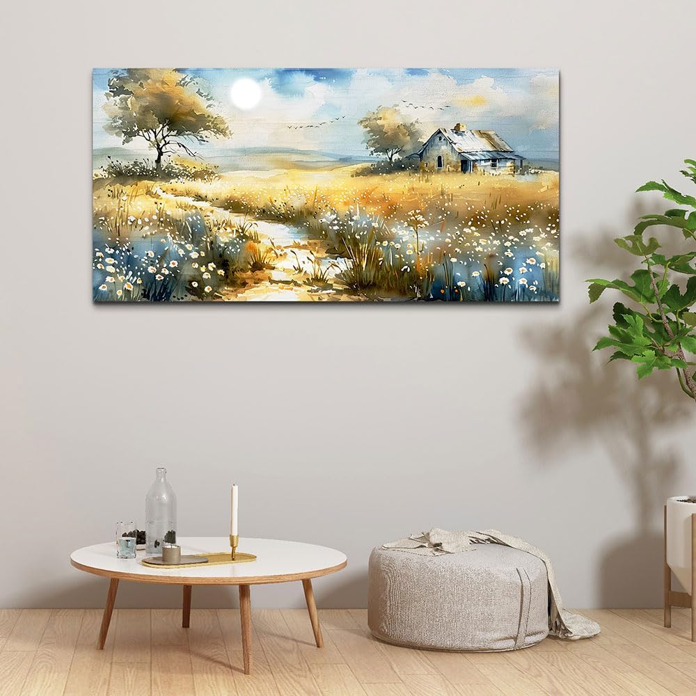 KELIYUAN Large Country Field Painter House Decorated Wildflower Field Landscape Painting Living Room Decorated Wall Art Modern Print Canvas Farmhouse Office Bedroom Wall Decorated 30 X 60 Inches