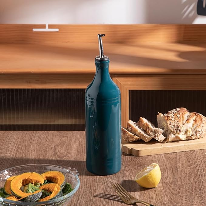 Sweejar Large Ceramic Olive Oil Dispenser Bottle, Opaque Oil Cruet Protects Oil to Reduce Oxidation, Suitable for Storage Oil, Vinegar, Soy Sauce & Other Liquids, Pack of 1, 24 Fl Oz (Teal Green)
