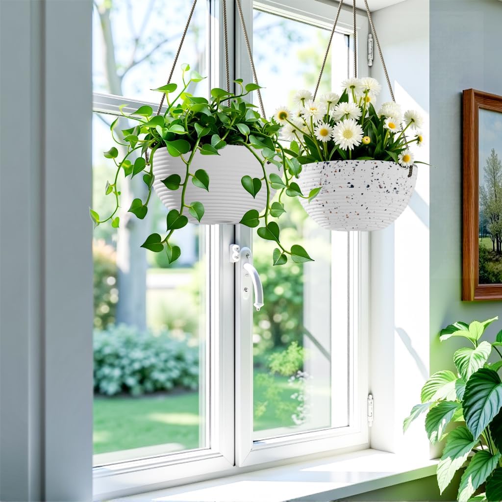 Line Pattern 10 Inch Hanging Planter for Indoor Outdoor Plants, 2 Pack Round Hanging Pots for Plants (White + Speckled White)