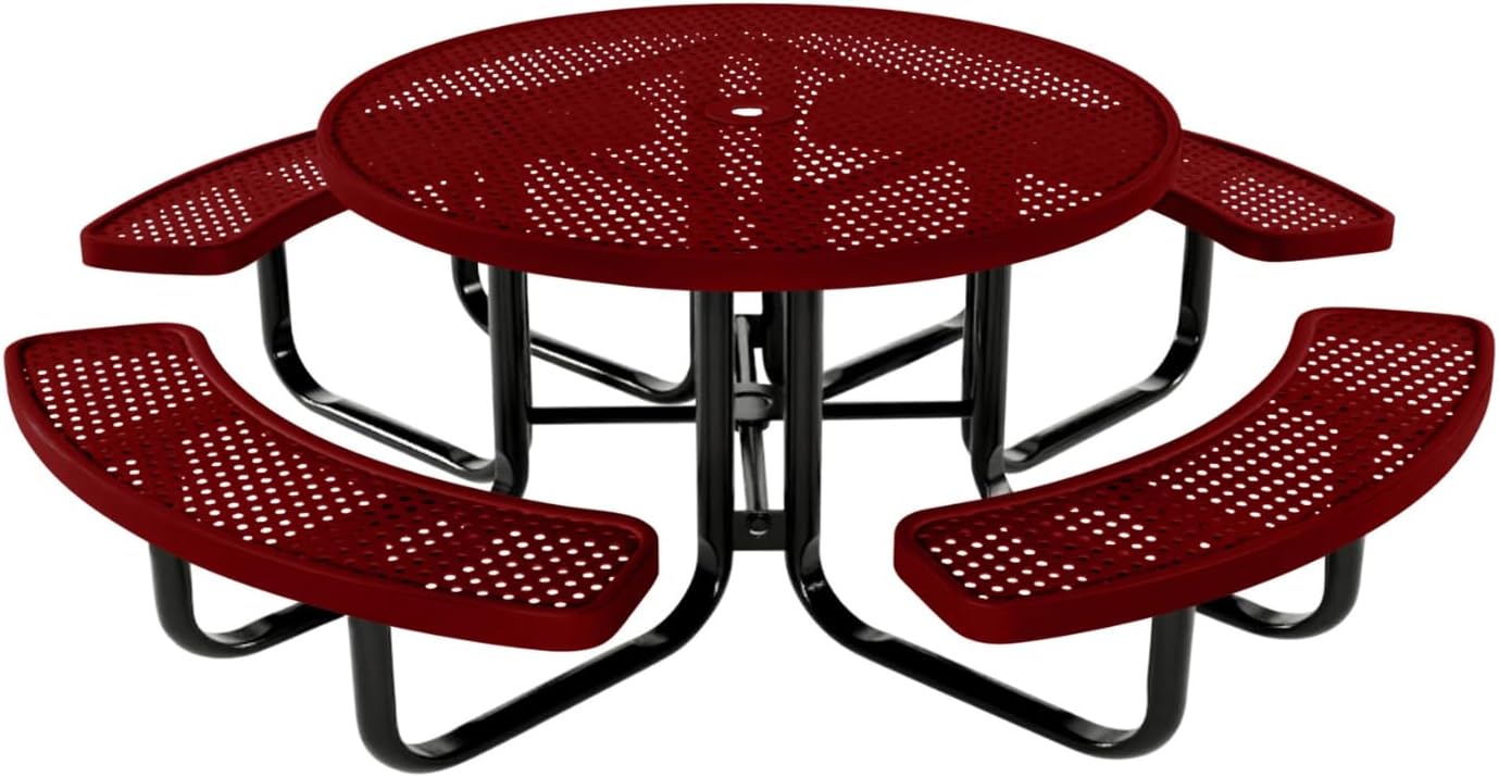 Coated Outdoor Furniture Heavy-Duty Portable Outdoor Kids Table with Umbrella Hole, Punched Steel Kids Picnic Table, Commercial-Grade, Made in America (46 In, Round, Childrens, Textured Burgundy)