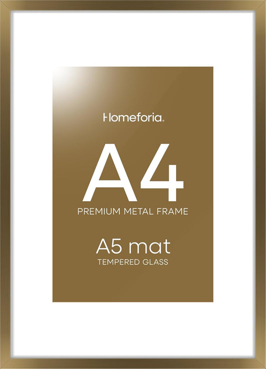 Homeforia A4 Picture Frame Bronze, High End Metal 8.3 x 11.7 inch Brass Poster Frames with Mat 5.8 by 8.3 Print, A4 Frames Matted to A5 Photo, 8.3x11.7 Wall or Tabletop Frame, Tempered Glass, Set of 1