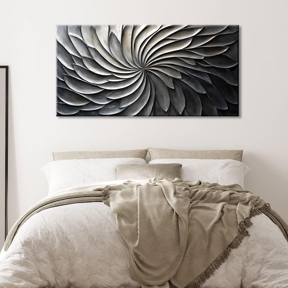 LASMOND Abstract Black and White Wall Art for Living Room Modern Canvas Print Painting Lines Flower Floral Large Artwork Bedroom Home Office Wall Décor (58x28 Inches)