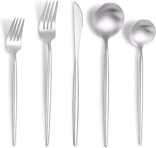 Matte Silverware Set for 6,Modern Stainless Steel Brushed Cutlery Set,30-Pieces Heavy Duty Flatware Set,Knives Spoons and Forks Set Utensils Set, Satin Finish, Dishwasher Safe