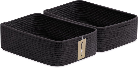 Large Shallow Organizing Baskets 15x11x5.1 Inches - Rope Woven Storage Bins for Bathroom, Shelves, Cube Closet, Black 2 Packs