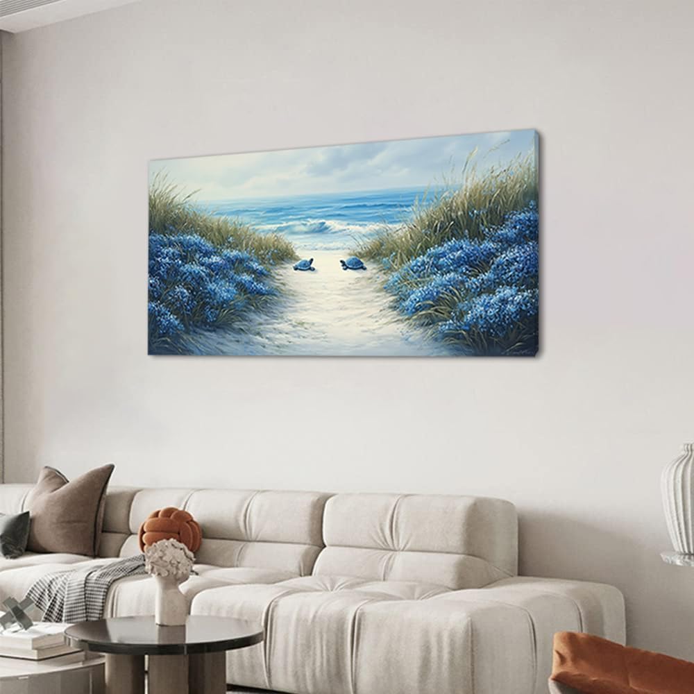 LASMOND Romantic Beach Wall Art for Living Room Blue Sea Turtle Lovers Canvas Painting Prints Ocean Sandy Romance Flowers Large Bedroom Office Decor Artwork (40x20 Inches)