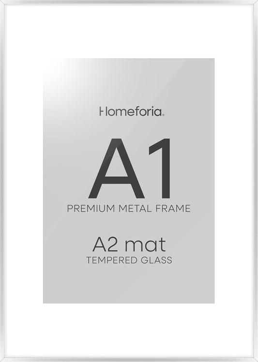 Homeforia A1 Poster Frame Silver, High End Metal A1 Large Picture Frame Silver with Mat A2 for Photo, 23.4x33.1 Frames Matted to 16.5x23.4 Print, 23.4 by 33.1 Frame, Tempered Glass, Wall Kit, Set of 1
