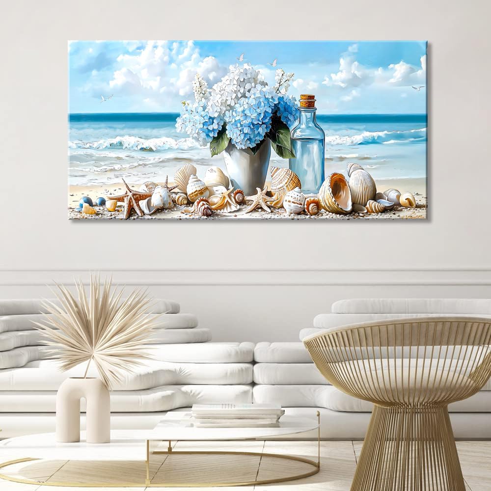 LASMOND Romantic Beach Wall Art for Living Room Blue Shells Conch Vase Canvas Prints Modern Large Flower Bottle Bedroom Ocean Artwork Decor (46x23 Inches)