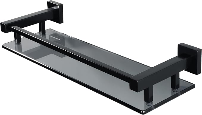 Alise Bathroom Glass Shelf with Stainless Steel Railing, Matte Black Small Tempered Glass Floating Wall Shelf Over The Toilet, 16 inch