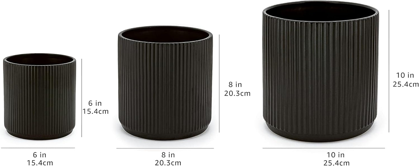 Amazon Basics Assorted Sizes Fluted Ceramic Round Planters, Set of 3, 6 inch, 8 inch, 10 inch, Black