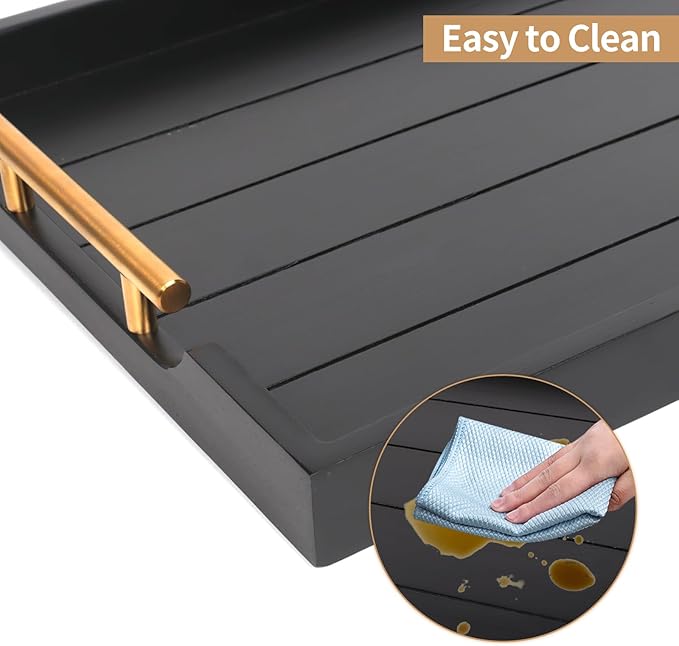 Coffee Table Trays - Large Ottoman Tray for Living Room - Wood Serving Trays with Handles(2 Sets) - Wooden Tray for Coffee Table, 4 Round Coasters Included, Black