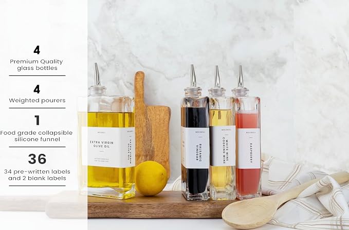 Molimoli Olive Oil Dispenser Bottle for Kitchen, Automatic Pourer, Glass Dispenser for Kitchen, Olive Oil Cruet, | Set of 4 - Silver