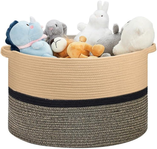 Ravinte Large Storage - 22"x 22"x 14" Blanket Basket for Living Room, Baby Toy Storage, Cotton Rope Woven Laundry Basket (Brown-Black-Light Black)