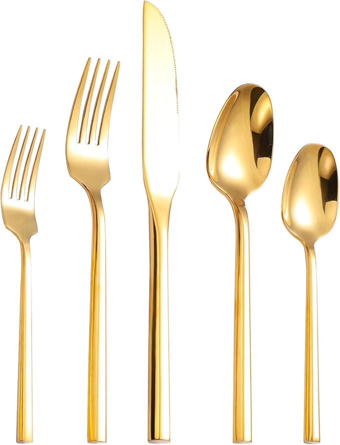 Mirror Silverware Set Gold Flatware Set with Hexagon Handle 20 Pieces 18/0 Stainless Steel Cutlery Set Wedding Housewarming Gift Service for 4 (Mirror gold)