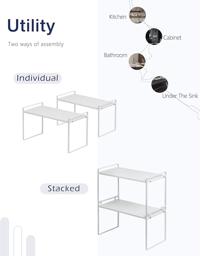 Nxconsu 2Pack Cabinet Shelves Stackable Shelf Organizer Rack Riser for Kitchen Cabinet Pantry Cupboard Counter Countertop Home Organization Storage Space Saver Heavy Duty Metal Nonslip White Wide Tall