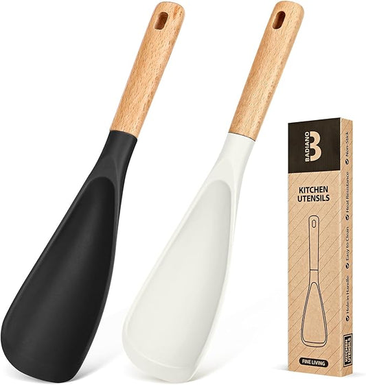 Cooking Spoon for Nonstick Cookwares, Great for Cooking and Serving Sturdy BPA-Free Matte Silicone, Wood Handle Spoon for Mixing, Scoop, and Scrape (Black & White, 11.4 inch)