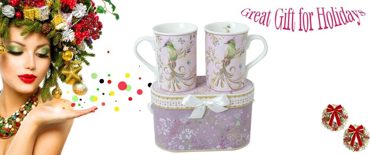 Lightahead Elegant Bone China Two Coffee Mugs Set in Bird Design 10.8 oz Each Cup in Attractive Gift Box