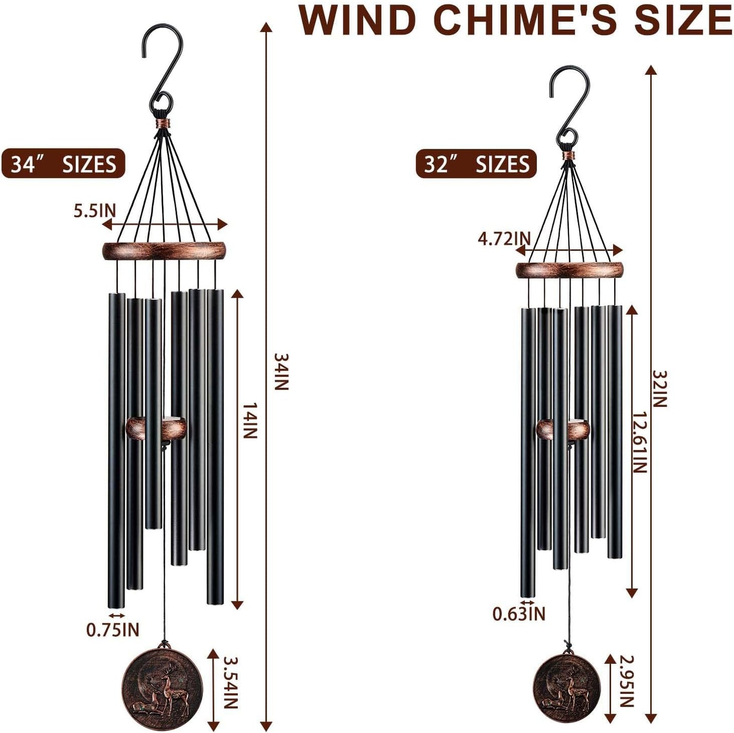 Wind Chimes for Outside, Deer Deep Tone Vintage Wind Chime Outdoor Clearance, Sympathy/Memorial/Festivals/Birthday Gift for Mom Dad Grandma, Home Garden Patio Decor (34" Deer)