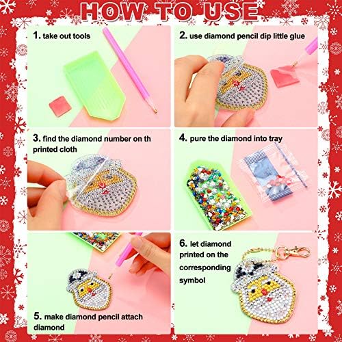 Chuangdi 20 Pieces Christmas Diamond Painting Ornaments Christmas Tree Diamond Art Kits 5d Double Sided Santa Snowman Keychain Keyring DIY Pendant Xmas Party Decor