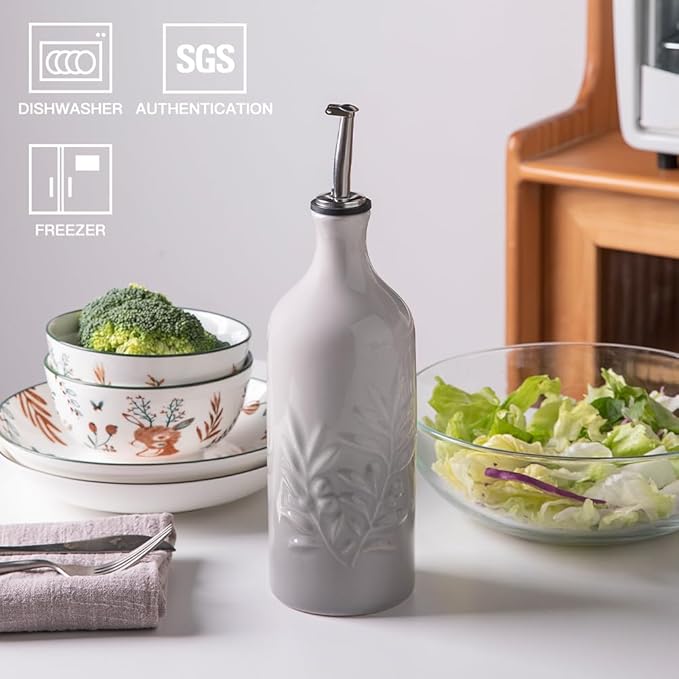 Sweejar Ceramic Olive Oil Dispenser Bottle, 20 Oz Relief Opaque Oil Cruet Protects Oil To Reduce Oxidation, Storage Vinegar, Soy Sauce, Coffee Syrup, Liquids, Set of 1 (Gradient Fog Gray)