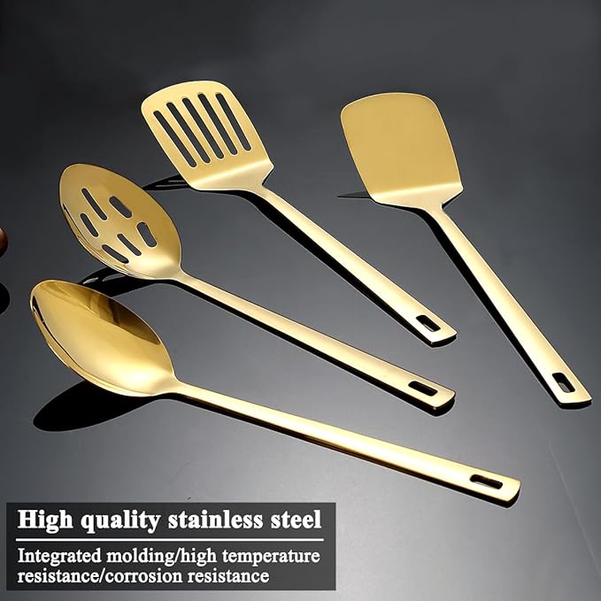 Homquen Gold Kitchen Utensils Set 4pcs, Titanium Gold Plating Stainless Steel Cooking Utensils Set, Kitchen Tools Spatulas Set, Cooking Spoons, Home Essentials Kitchen Gadgets Accessories