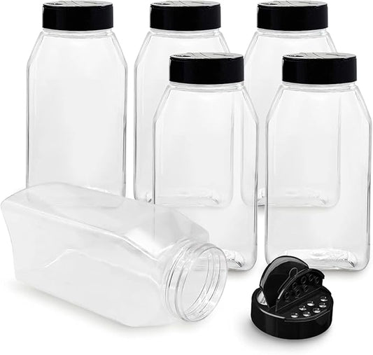 ROYALHOUSE 6 PACK 32 Oz with Black Cap, Plastic Spice Jars Bottles Containers, Perfect for Storing Spice, Herbs and Powders, Lined Cap, Safe Plastic, PET, BPA free, Made in the USA