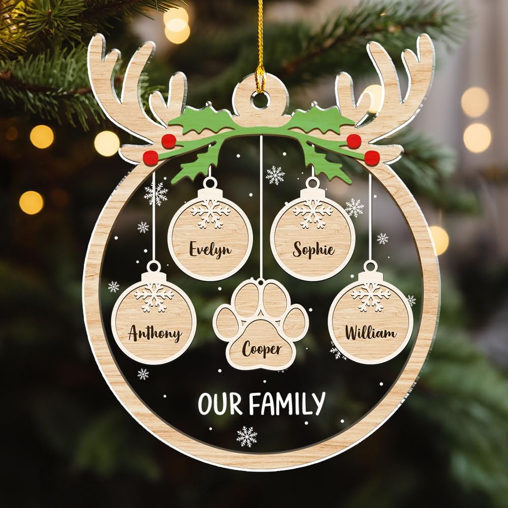 Personalized Family Christmas Acrylic Ornament 2024 - Custom Name Charms Family Members up to 10 People and Pets, Paw Charm Ornament Gifts for Family Tree Decoration (A01, 2 Names)