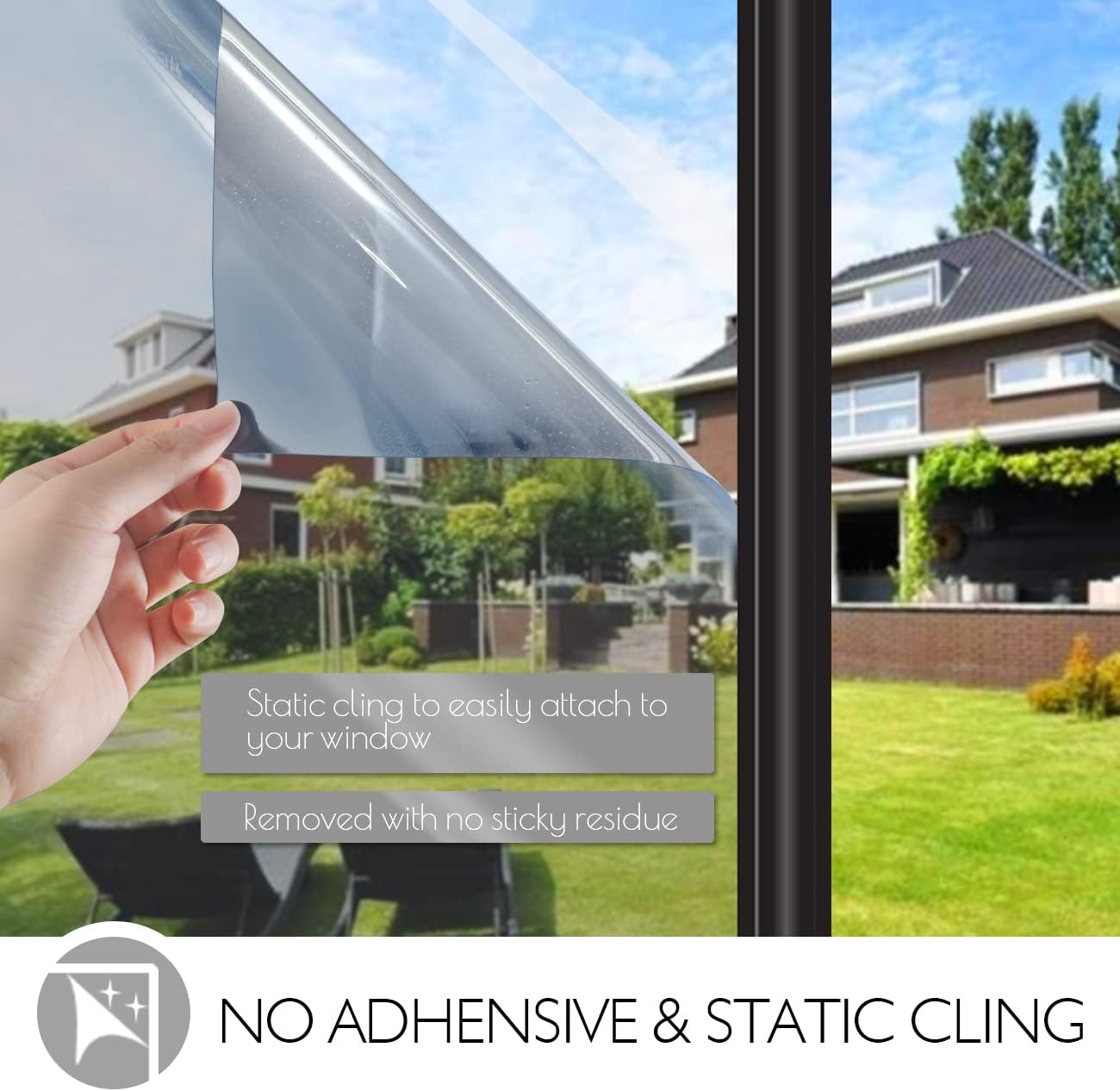 HIDBEA One Way Window Film Daytime Privacy Window Tint for Home, Anti UV Reflective Heat Control Glass Films Non-Adhesive Mirror Window Clings (Silver, 23.6 Inch x 13.1 Feet)